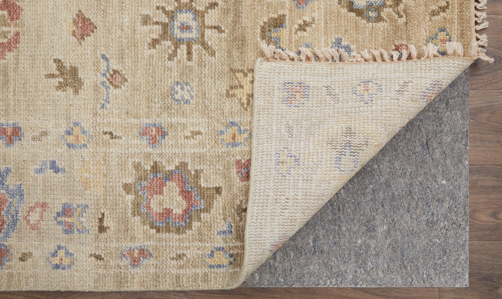 9 x 12 Tan Brown & Blue Wool Floral Hand Knotted Rug With Fringe