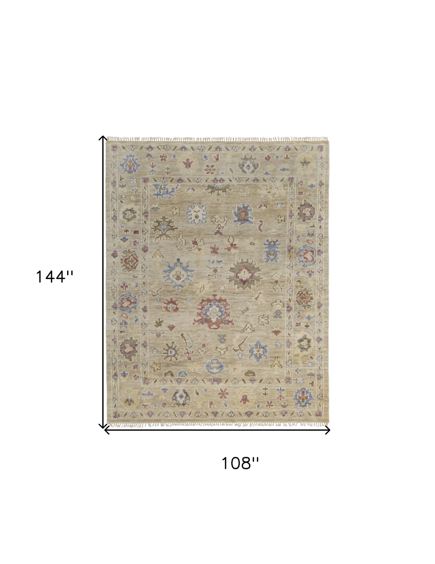 9 x 12 Tan Brown & Blue Wool Floral Hand Knotted Rug With Fringe