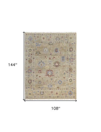 9 x 12 Tan Brown & Blue Wool Floral Hand Knotted Rug With Fringe