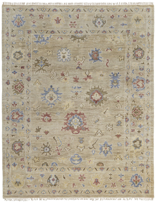 9 x 12 Tan Brown & Blue Wool Floral Hand Knotted Rug With Fringe