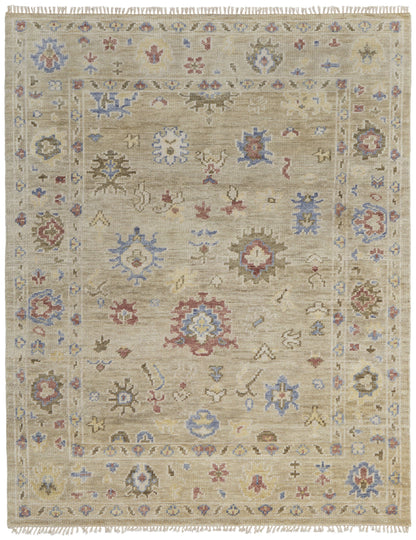 12 x 15 Tan Brown & Blue Wool Floral Hand Knotted Rug With Fringe