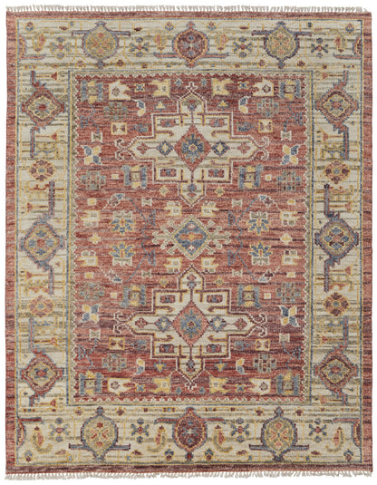 4 x 6 Ivory Red & Gold Wool Oriental Hand Knotted Rug With Fringe