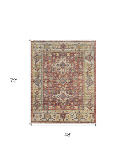 4 x 6 Ivory Red & Gold Wool Oriental Hand Knotted Rug With Fringe