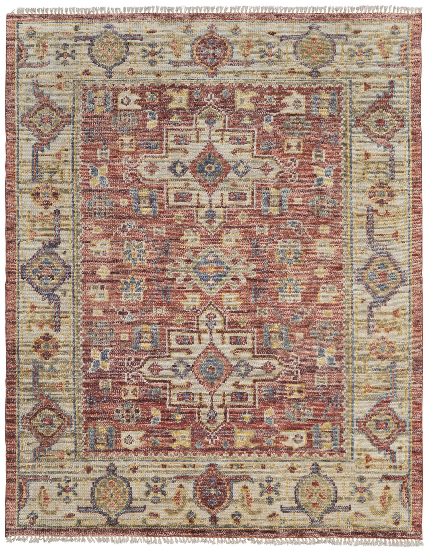 4 x 6 Ivory Red & Gold Wool Oriental Hand Knotted Rug With Fringe