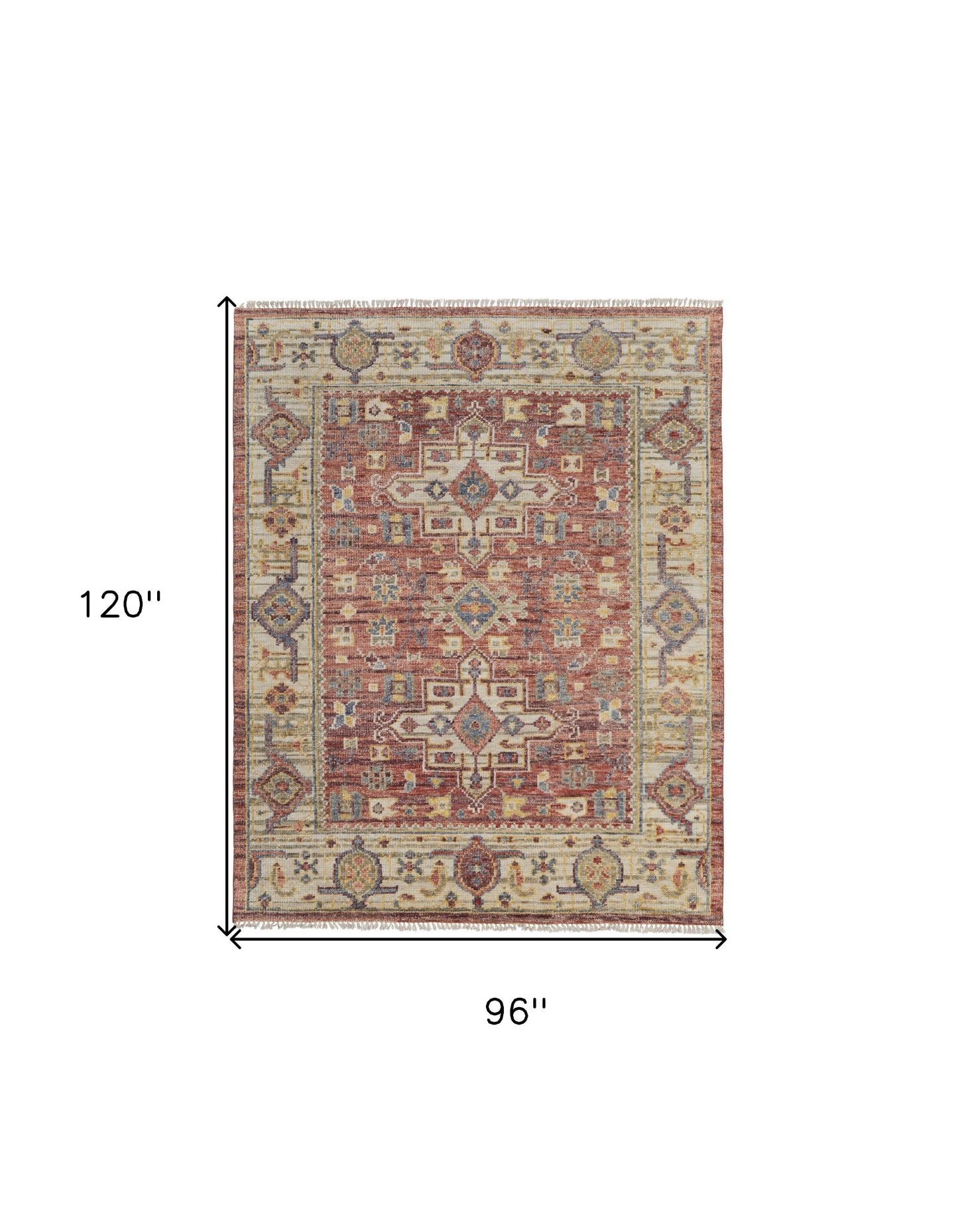8 x 10 Ivory Red & Gold Wool Oriental Hand Knotted Rug With Fringe