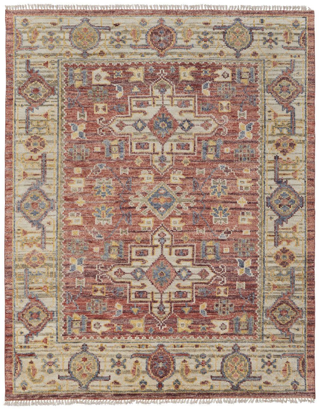 9 x 12 Ivory Red & Gold Wool Oriental Hand Knotted Rug With Fringe