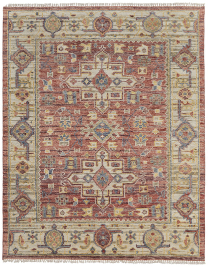 9 x 12 Ivory Red & Gold Wool Oriental Hand Knotted Rug With Fringe