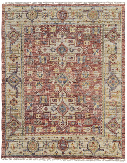 9 x 12 Ivory Red & Gold Wool Oriental Hand Knotted Rug With Fringe