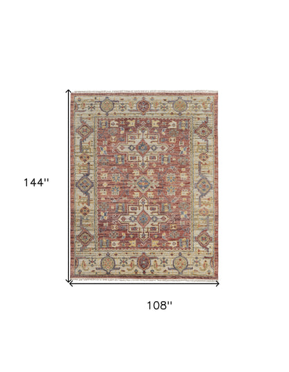 9 x 12 Ivory Red & Gold Wool Oriental Hand Knotted Rug With Fringe
