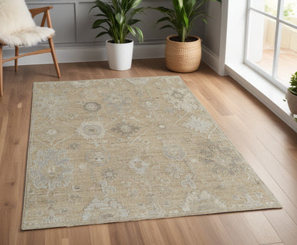 4 x 6 Tan & Ivory Wool Floral Hand Knotted Rug