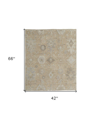4 x 6 Tan & Ivory Wool Floral Hand Knotted Rug