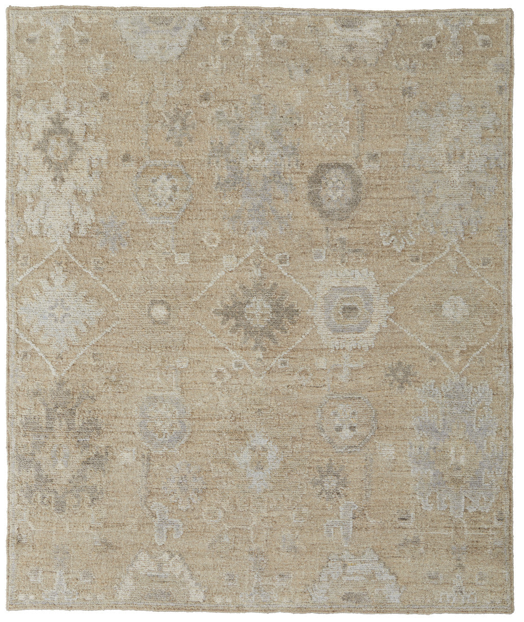8 x 10 Tan & Ivory Wool Floral Hand Knotted Rug