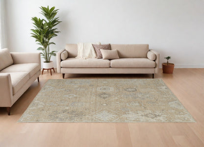 8 x 10 Tan & Ivory Wool Floral Hand Knotted Rug