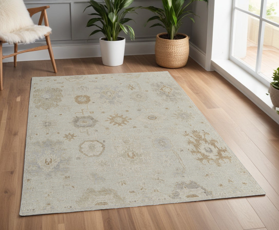 4 x 6 Tan & Gray Wool Floral Hand Knotted Rug