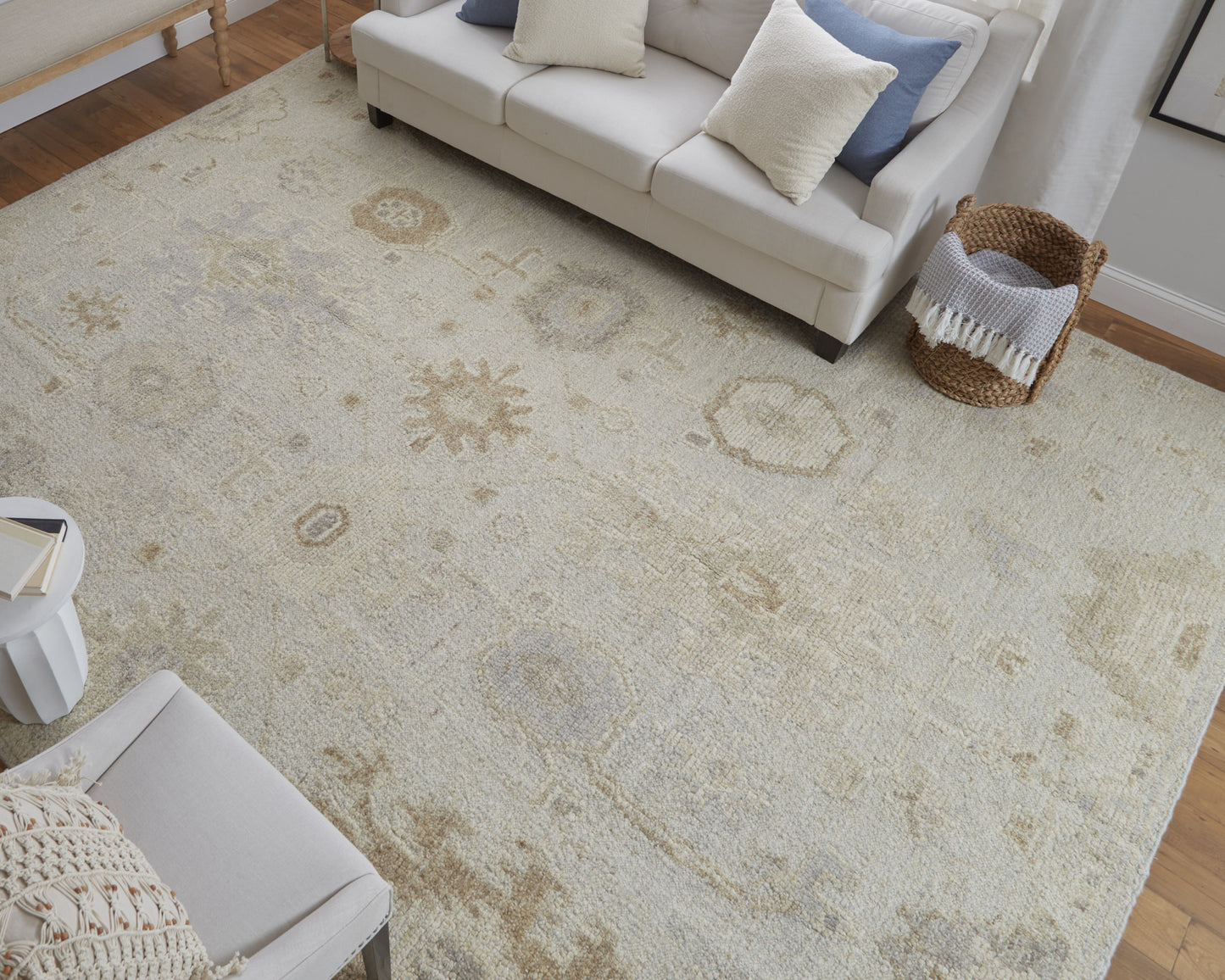 12 x 15 Tan & Gray Wool Floral Hand Knotted Rug