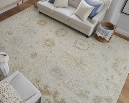12 x 15 Tan & Gray Wool Floral Hand Knotted Rug