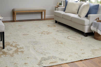 12 x 15 Tan & Gray Wool Floral Hand Knotted Rug