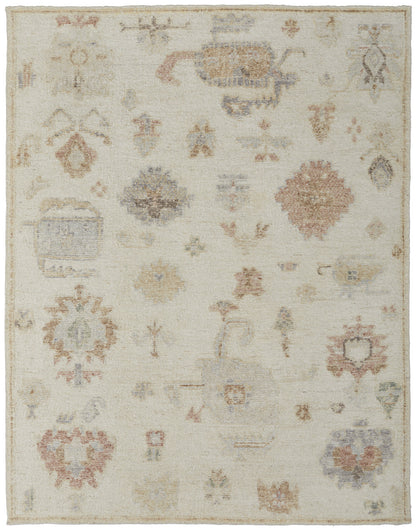 8 x 10 Ivory Tan & Gray Wool Floral Hand Knotted Rug