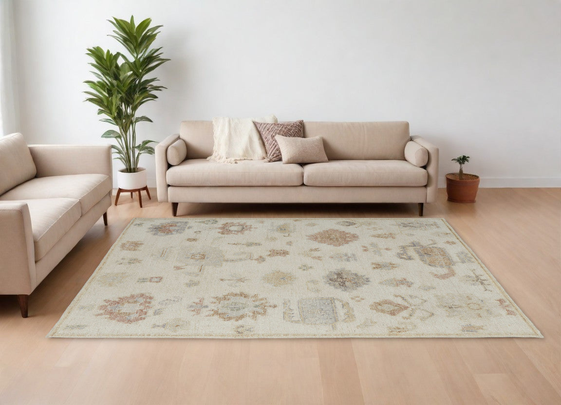 8 x 10 Ivory Tan & Gray Wool Floral Hand Knotted Rug