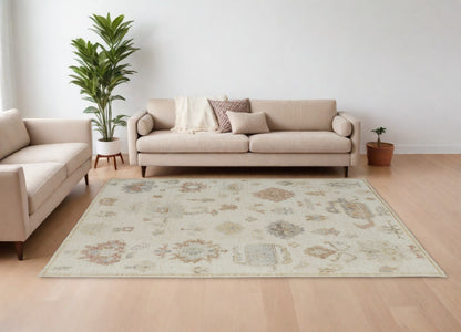 8 x 10 Ivory Tan & Gray Wool Floral Hand Knotted Rug