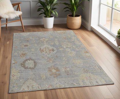 4 x 6 Gray & Blue Wool Floral Hand Knotted Rug