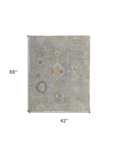 4 x 6 Gray & Blue Wool Floral Hand Knotted Rug