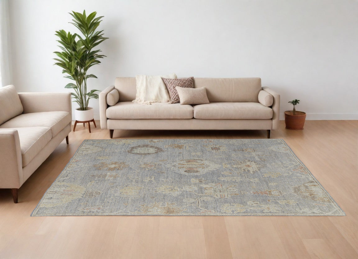 8 x 10 Gray & Blue Wool Floral Hand Knotted Rug