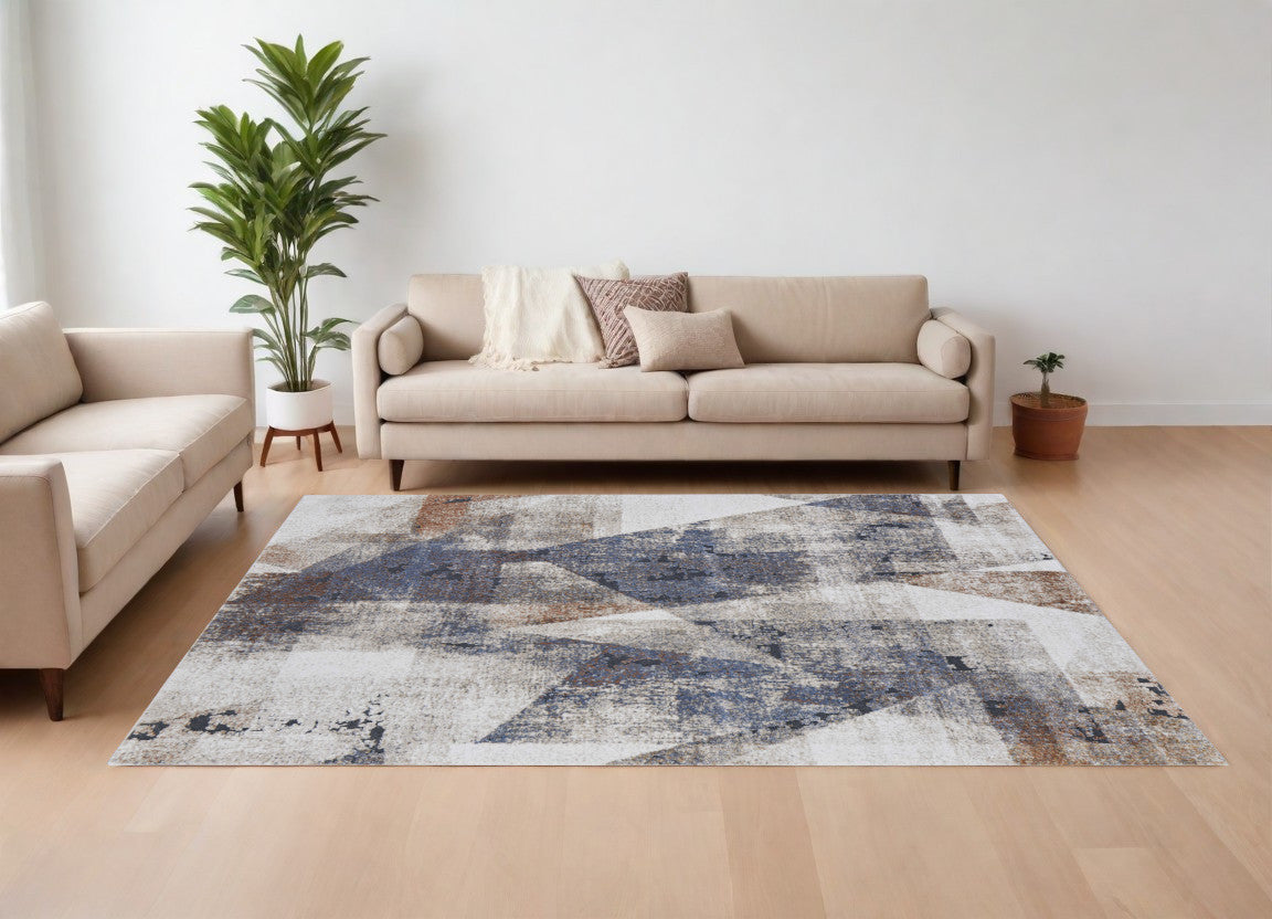 8 x 10 Gray Blue & Ivory Checkered Power Loom Rug