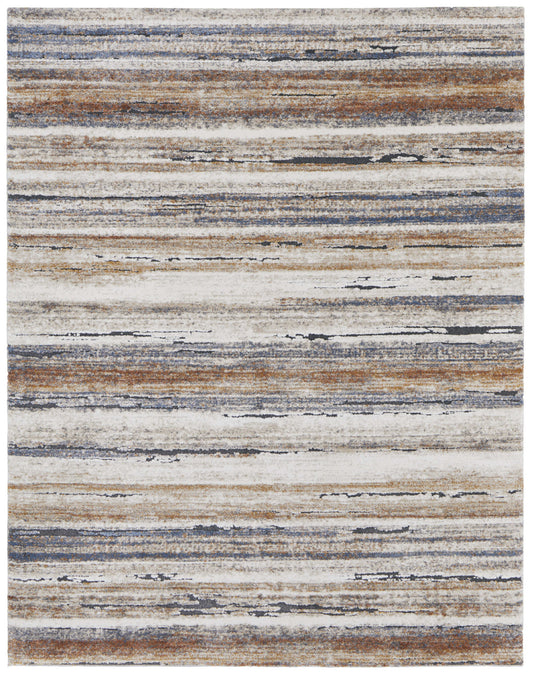 8 x 10 Ivory Blue & Brown Striped Power Loom Rug