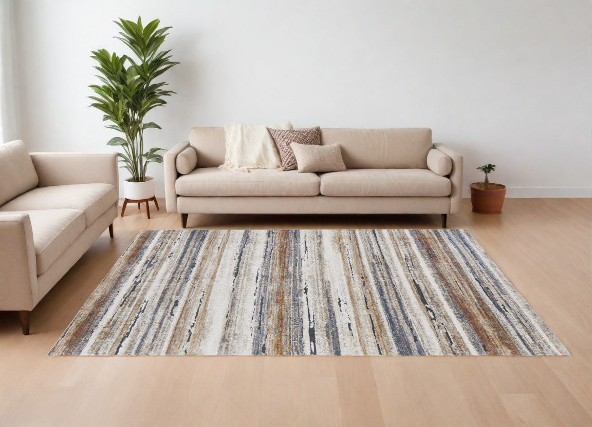 8 x 10 Ivory Blue & Brown Striped Power Loom Rug