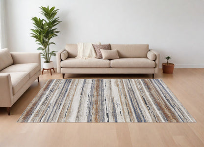 8 x 10 Ivory Blue & Brown Striped Power Loom Rug