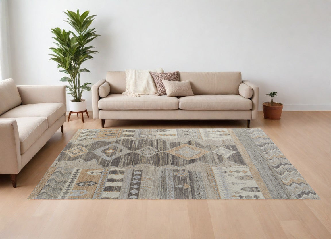 8 x 10 Ivory Gray & Orange Wool Moroccan Hand Knotted Rug