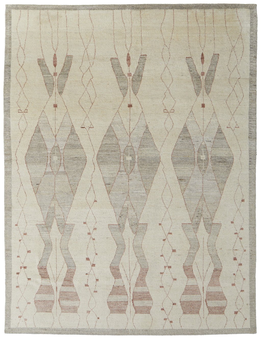 8 x 10 Gray & Red Wool Geometric Hand Knotted Rug