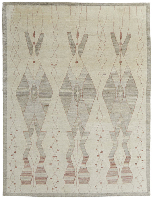 8 x 10 Gray & Red Wool Geometric Hand Knotted Rug