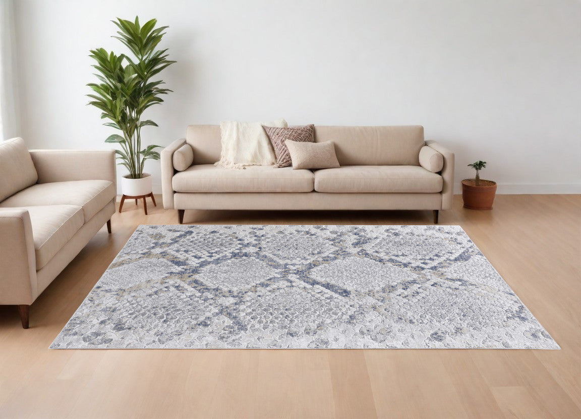 8 x 10 Gray Silver & Blue Floral Power Loom Rug