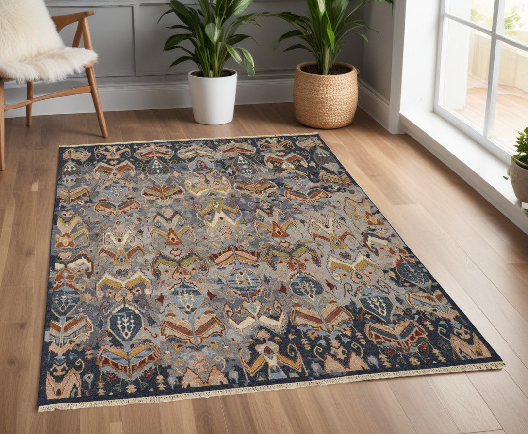 4 x 6 Blue Gray & Brown Wool Ikat Hand Knotted Rug With Fringe
