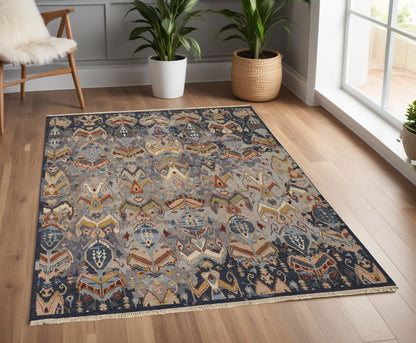 4 x 6 Blue Gray & Brown Wool Ikat Hand Knotted Rug With Fringe