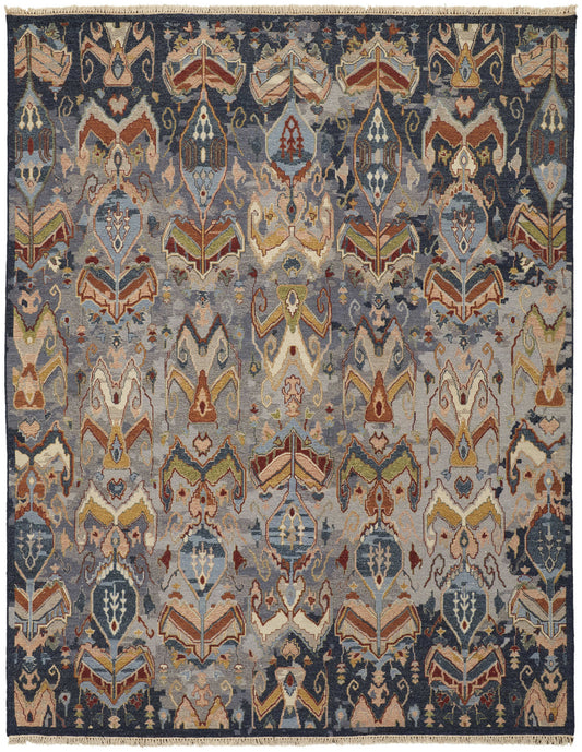 4 x 6 Blue Gray & Brown Wool Ikat Hand Knotted Rug With Fringe