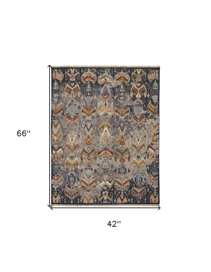 4 x 6 Blue Gray & Brown Wool Ikat Hand Knotted Rug With Fringe