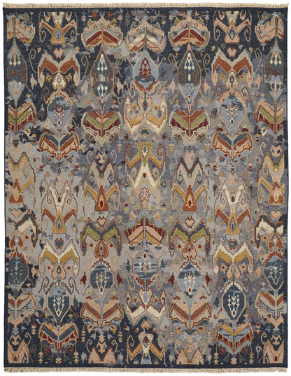 4 x 6 Blue Gray & Brown Wool Ikat Hand Knotted Rug With Fringe