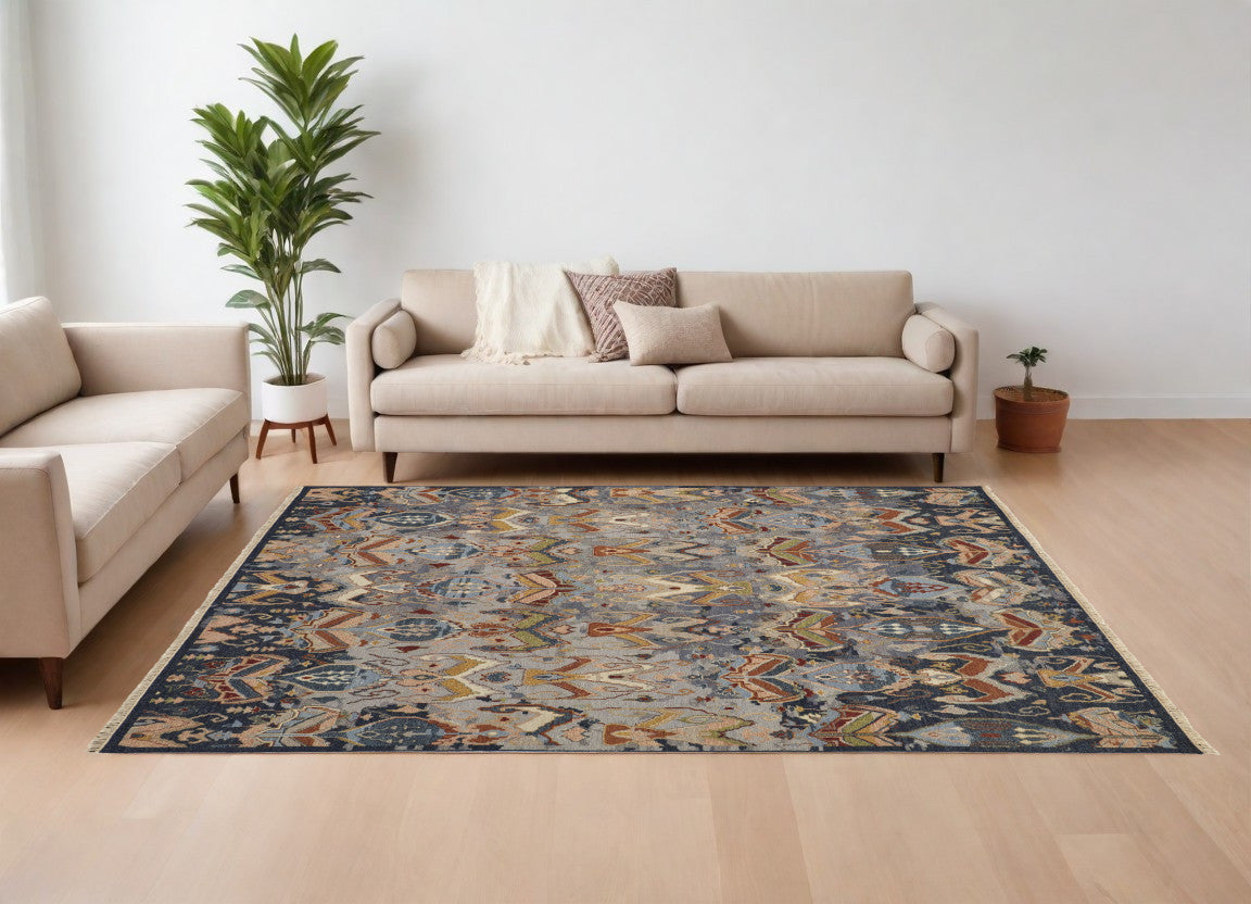 8 x 10 Blue Gray & Brown Wool Ikat Hand Knotted Rug With Fringe