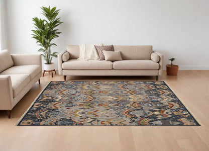 8 x 10 Blue Gray & Brown Wool Ikat Hand Knotted Rug With Fringe