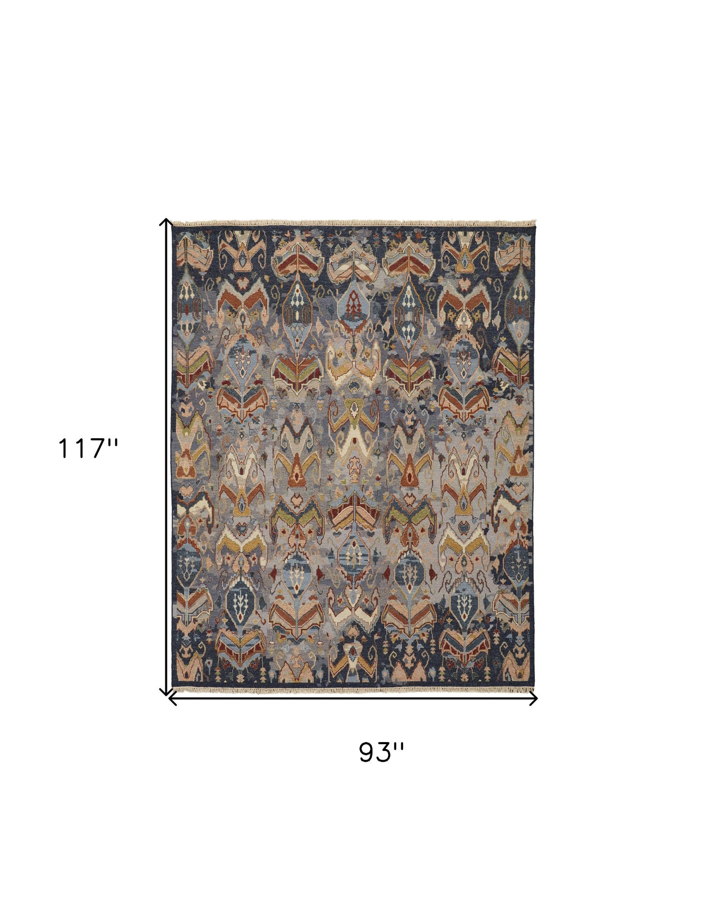 8 x 10 Blue Gray & Brown Wool Ikat Hand Knotted Rug With Fringe