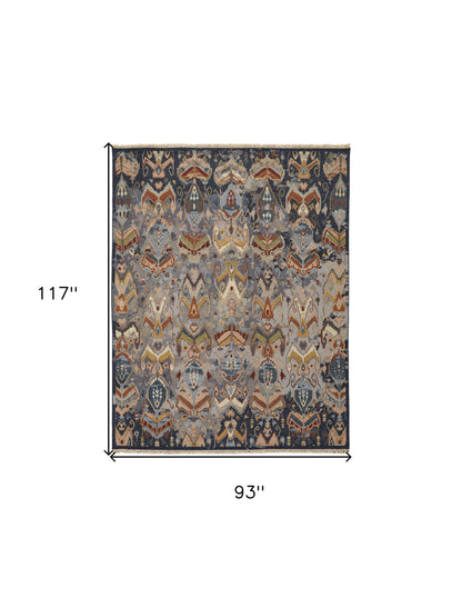 8 x 10 Blue Gray & Brown Wool Ikat Hand Knotted Rug With Fringe