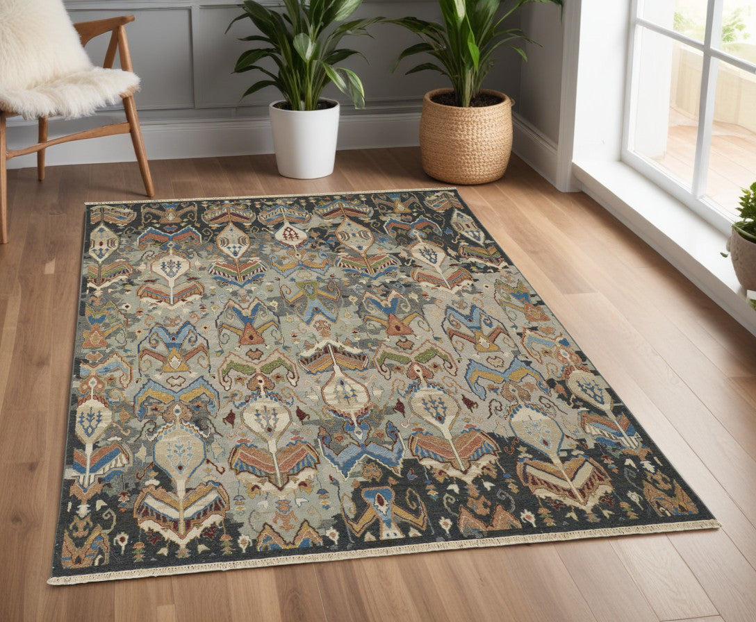 4 x 6 Blue Gray & Brown Wool Ikat Hand Knotted Rug With Fringe