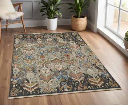 4 x 6 Blue Gray & Brown Wool Ikat Hand Knotted Rug With Fringe