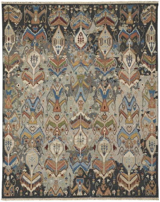 4 x 6 Blue Gray & Brown Wool Ikat Hand Knotted Rug With Fringe