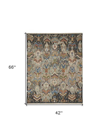 4 x 6 Blue Gray & Brown Wool Ikat Hand Knotted Rug With Fringe