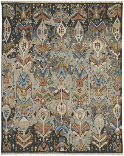 4 x 6 Blue Gray & Brown Wool Ikat Hand Knotted Rug With Fringe