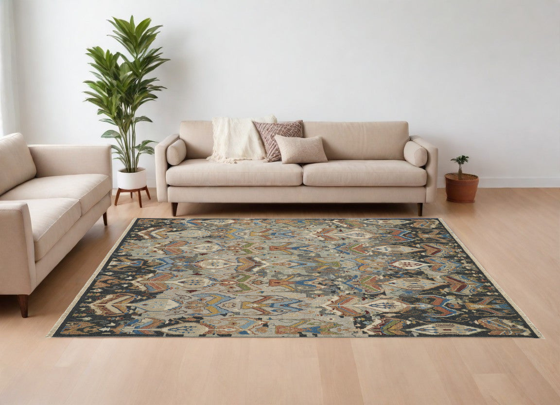 8 x 10 Blue Gray & Brown Wool Ikat Hand Knotted Rug With Fringe